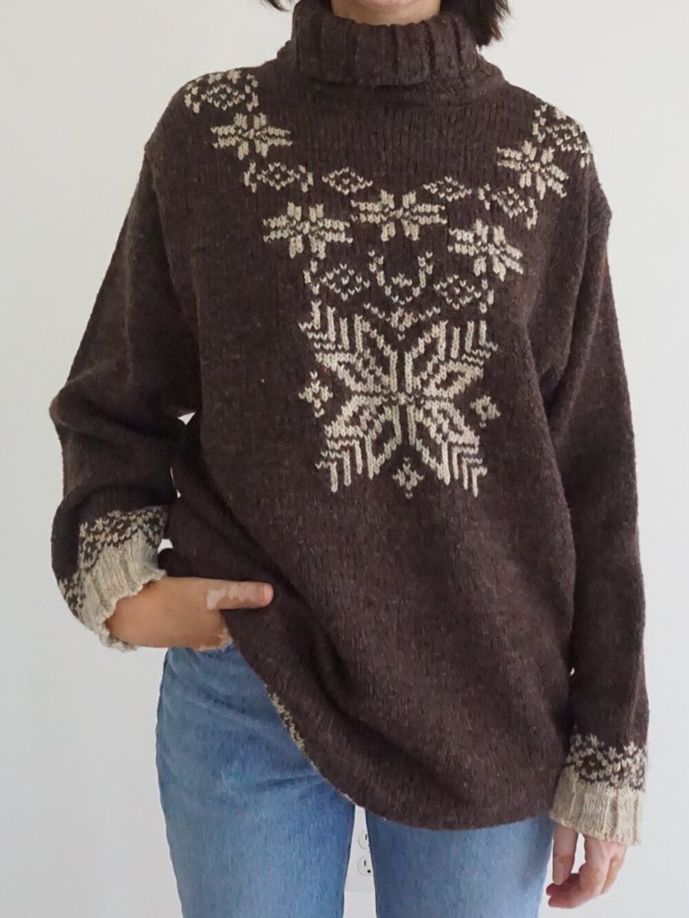 Vintage St Johns Bay Brown Snowflake Nordic Fair Isle Wool Turtleneck Sweater XL